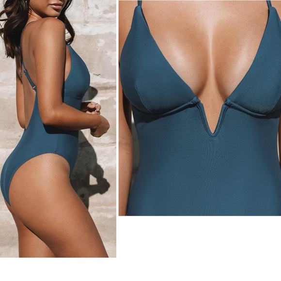 Swimsuit One Piece Bathing Suit Deep V Neck Crisscross Back Adjustable Strap - Picture 3 of 17